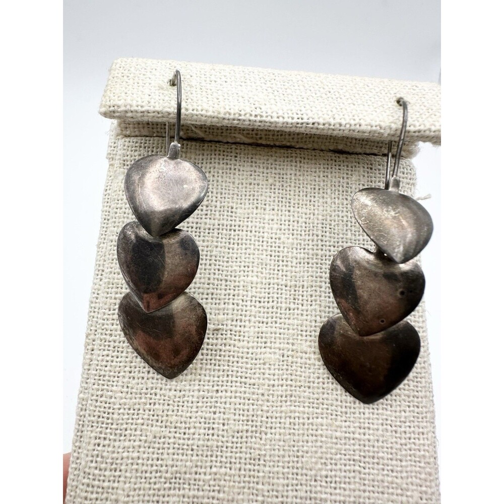 Sterling Silver Vintage Triple Heart Overlap Dangle Earrings